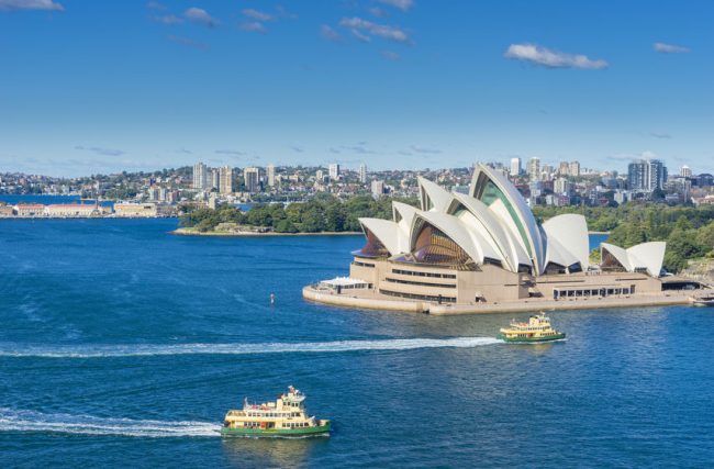 Aerial view of Sydney Harbour, Opera House and ferries