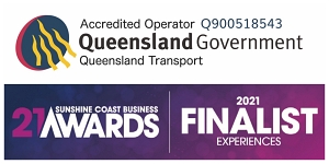 The Queensland government and Queensland transport awards logos, alongside Sunshine Coast sightseeing tours.