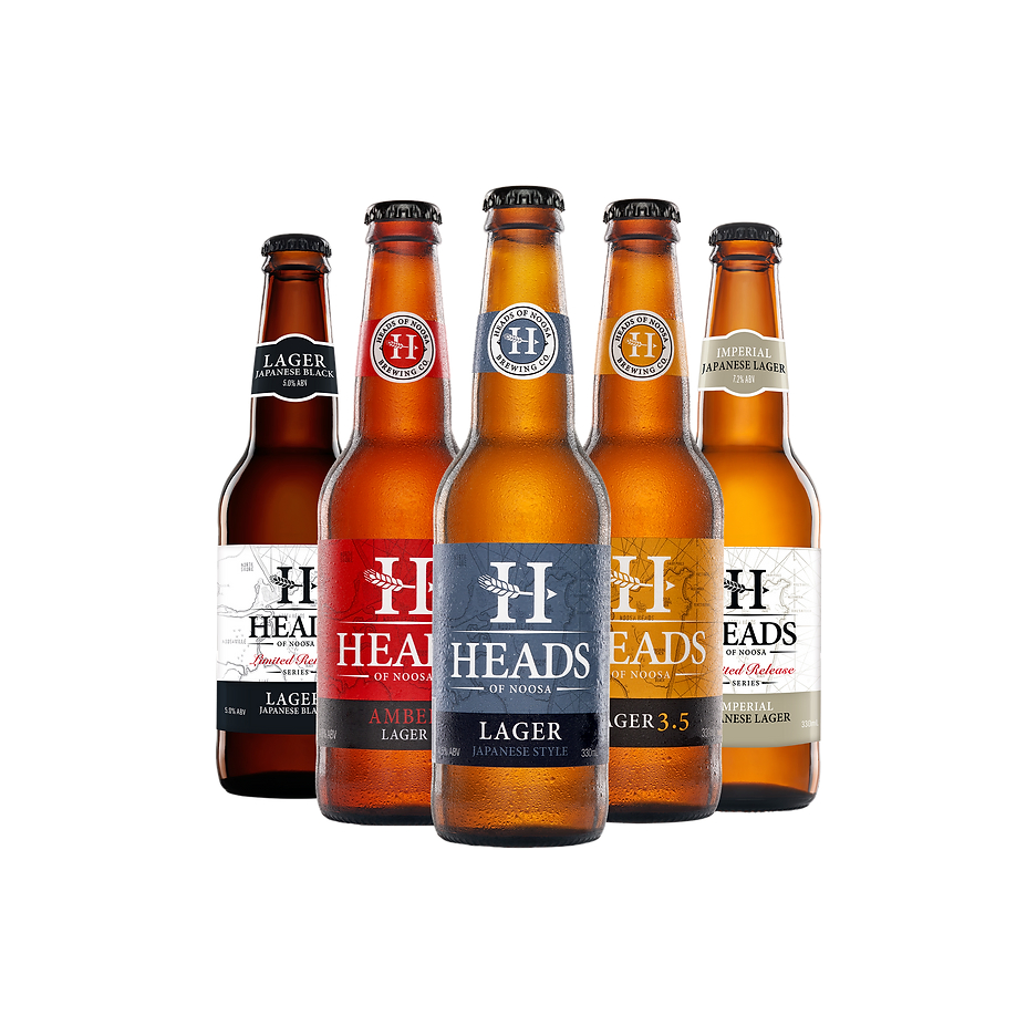 Five bottles of head's beer on a white background for sunshine coast tours.
