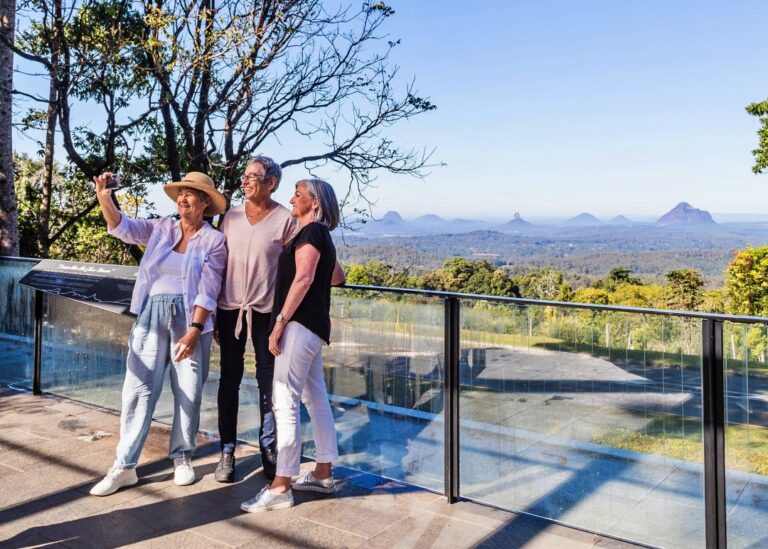 Group of tourists enjoying a scenic viewpoint on a Montville Day Tour.