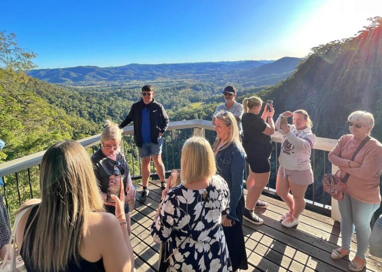 Group of tourists enjoying a Montville Day Tour at a scenic overlook on a sunny day. Sunshine Coast Hinterland Highlights Tour: Discover Maleny and Montville