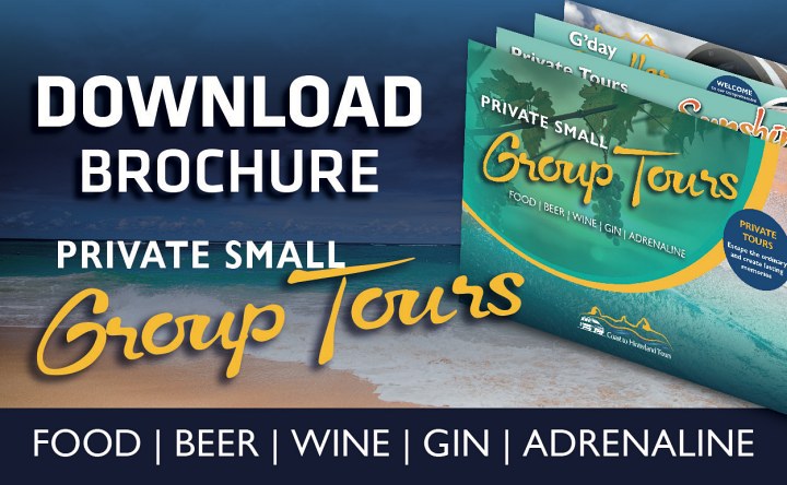 Promotional graphic for private small group tours featuring a beach background with a sunset. The image includes text, "download brochure" and highlights tour options like food, beer, sunshine coast wine tours, gin